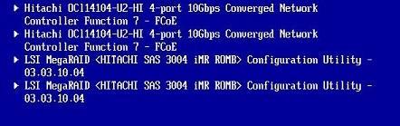 The following screen is displayed. 4. Select System Settings -> Storage -> LSI MegaRAID <HITACHI SAS 3004 imr ROMB> Configuration Utility - xx.