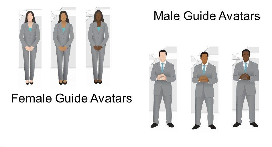 Figure 18: Guide Avatar options shown in order: Avatar 1, Avatar 2, and Avatar 3 in both female and male. d. Scroll down to the Authors section and include your information.