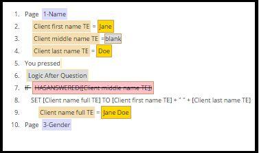Type in a first and last name in the question fields. Click Continue. Look in the scripting box and make sure the condition evaluated properly. It should look like Figure 21.