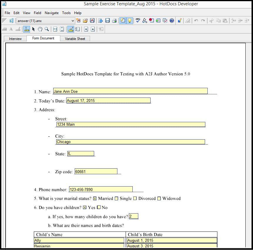 Figure 25: Fully assembled HotDocs template using saved answer file from A2J Guided Interview 11. Congratulations!