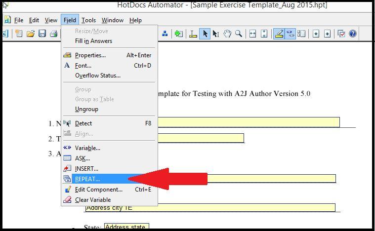 Figure 12: REPEAT option in Field menu. h. This will open up the Repeat Field editor. Create a new Repeat Dialog called Child Information. See Figure 13.