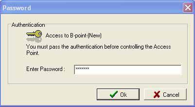 6. Double click Access Point icon to access its property dialog box. Enter the password in the entry field. The default password is default. 7.