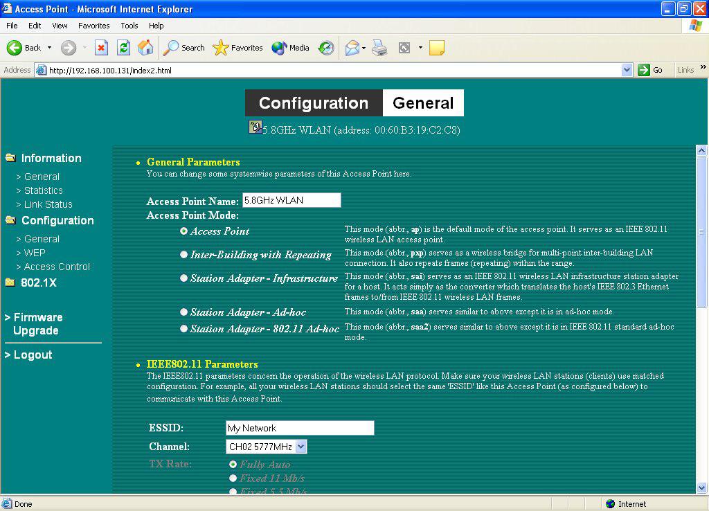 Configuration General You may make the settings on the ODU such as AP Name, AP Mode, ESSID,
