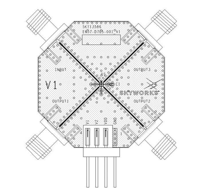 203452-004 Figure 4. SKY13586-678LF Evaluation Board Assembly Diagram Pin 1 Indicator (0.100X 45 ) 4X 0.400 Pin 1 Pin 8 6X 0.350 8X Exposed Solder Area 0.29 8X 0.200 2X 0.350 0.29 8X 0.250 203452-005 Figure 5.