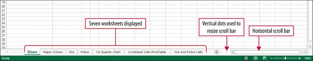 Create a PivotChart At the left end of the horizontal scroll bar, the three vertical dots can be used to resize the width of the scroll bar and to