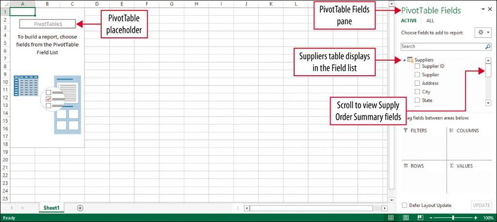 Create a PivotTable from a Data Model A PivotTable placeholder displays on the left side of the worksheet and the PivotTable