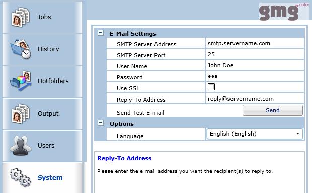 GMG WebClient Quick Start Guide (EN) Enter a valid e-mail address (or user name) and the corresponding password which can be used for e- mail notifications by GMG WebClient.