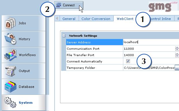 4 Connecting GMG ColorProof to the Web Server (ColorProof) In GMG ColorProof, on the System view > WebClient tab (1), you can configure the basic network settings for the connection between proof