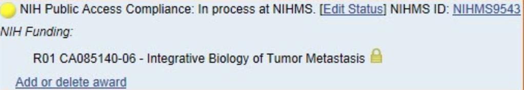 Articles that have been recently submitted to the NIH Manuscript Submission System are considered in process and have a yellow dot, have a NIHMS ID, and may have a NIH funding ID(s) associated
