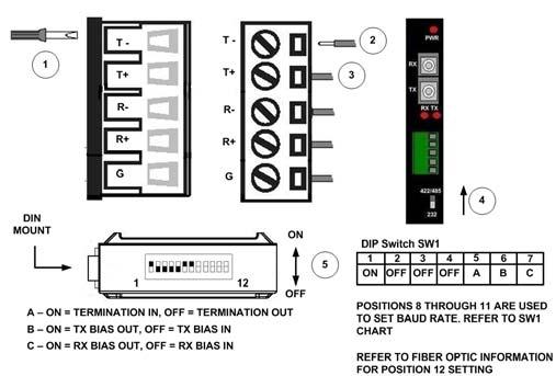 Position the 422/485/232 Switch to the 422/485 position. 5. Configure the DIP Switch on the bottom of the converter for RS- 485 2-Wire operation.