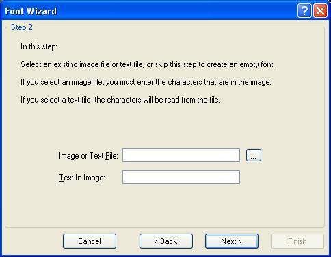 5. Vision Objects 8. For user defined fonts, Step 2 will ask for an image or text file. To create an empty font, click the next button to move on to Step 3.