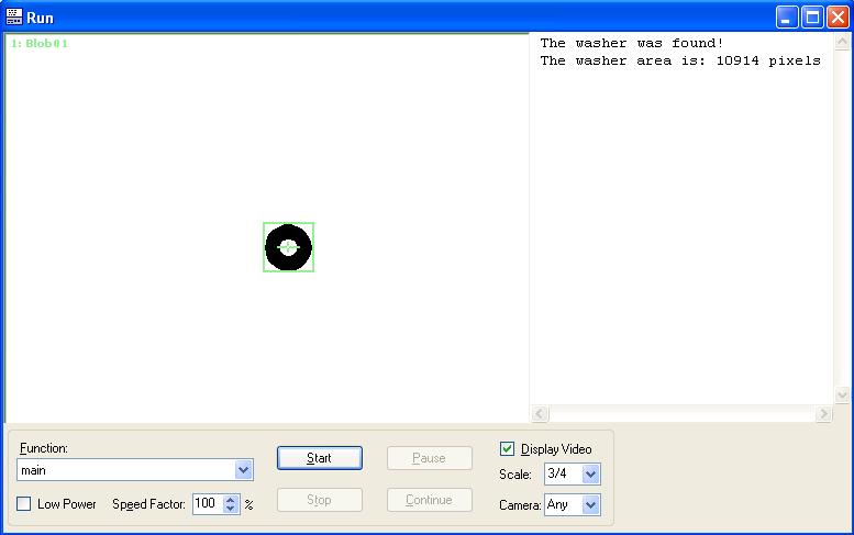 3. Quick Start: A Vision Guide Tutorial Image Display Text Area Figure 14: Run window with Image Display and Text Area (2) Click on the Start button located at the bottom left corner of the Run