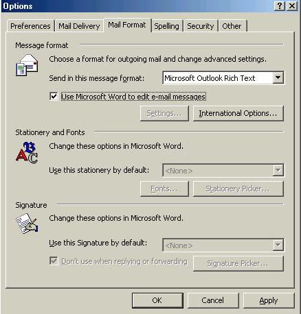 Click OK to close the dialog box. The Microsoft Outlook2000 setup screen is shown below for reference. (The Microsoft Outlook2002 default is highlighted already).