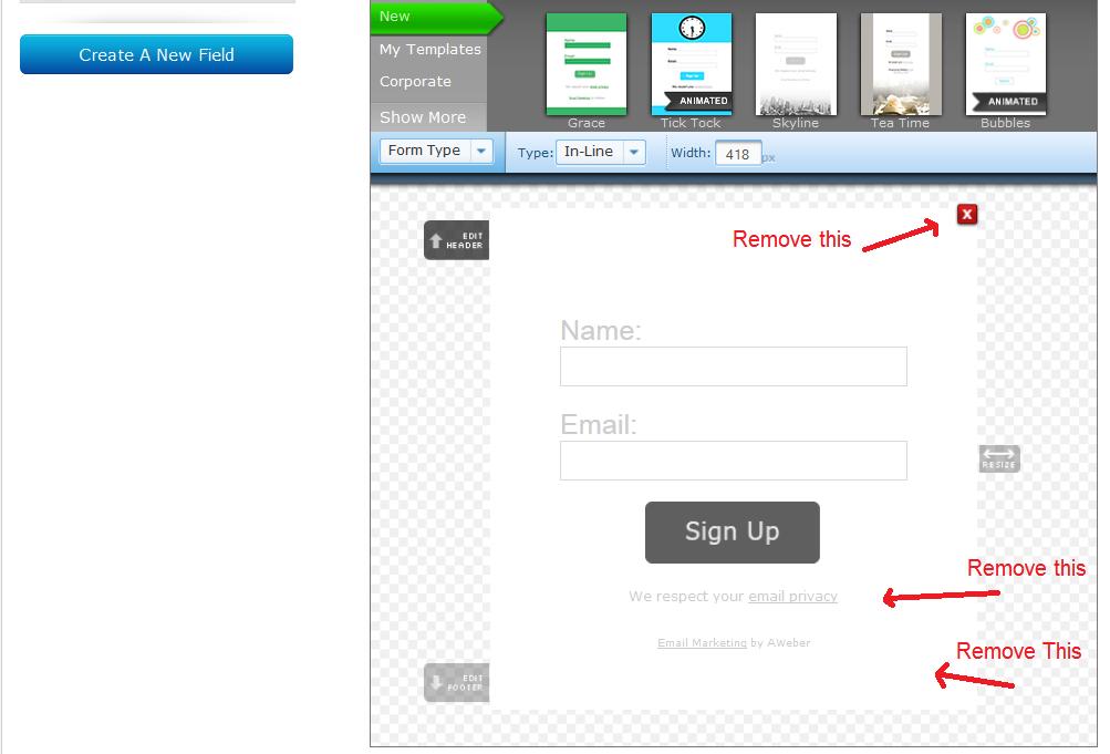 So the first thing you will need to do is to remove the footer and the header for the form.