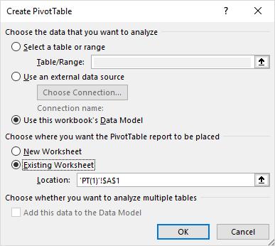 Model. Select cell A1 on the Excel Worksheet named PT(1).