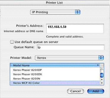 2. On the Printer Model dropdown menu select Xerox. Scroll down in Model Name and choose the PPD for your Xerox device.