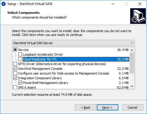 10. Select the following components for the minimum setup: StarWind Virtual SAN service StarWind service is the core of the software.