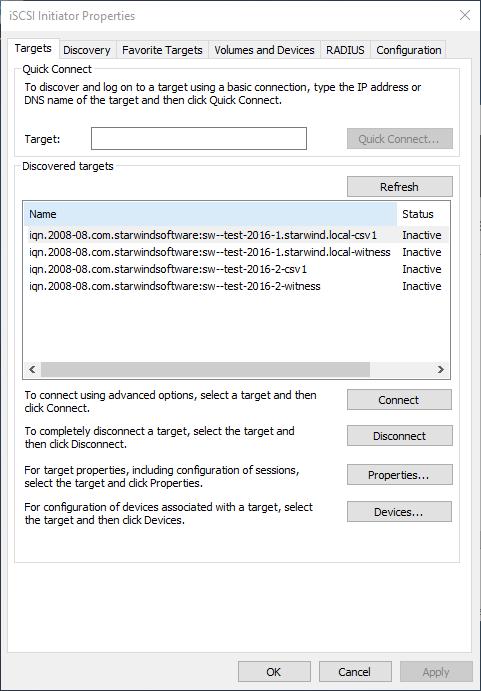 Connecting Targets 56. Launch Microsoft iscsi Initiator on Cluster Node 1 and click on the Targets tab. The previously created targets should be listed in the Discovered Targets section.