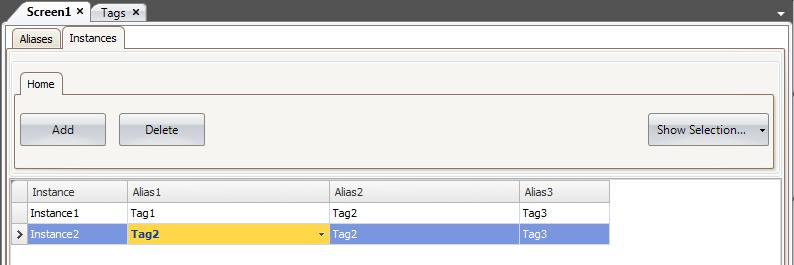 Aliases Section 4 Tags If a value for an alias is changed in the instances tab, the new value is displayed with bold text to indicate that it differs from the alias default value.