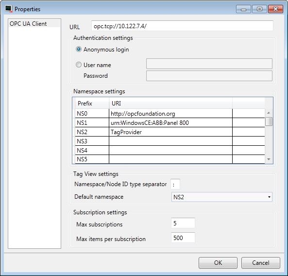Section 5 Controller External OPC Server URL Parameter Authentication settings Namespace settings Tag View settings Description Enter URL to the OPC UA server.