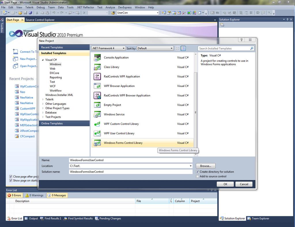 WPF Controls Section7Objects 1. StartVisualStudioto create a new project, and select Windows Forms Control Library. 2.