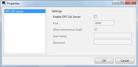 Section 8 Ribbon Tabs System Ribbon Tab Parameter Enable OPC UA Server Port Allow anonymous login Description Click this checkbox to enable the OPC UA server. Enter a server port number.