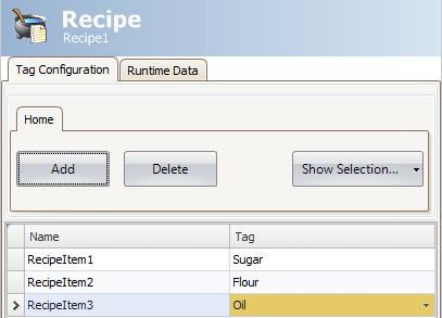 Recipe Setup Section 13 Recipe Management RuntimeDataTab The actual recipes are created under the Runtime Data tab. Give the recipe a title, and type a value for each recipe item.