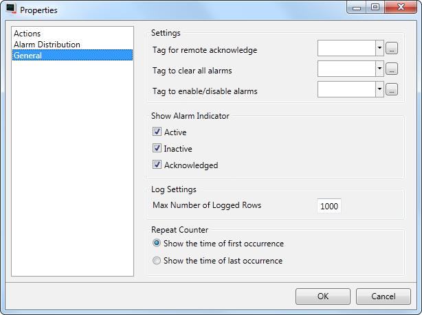 Section 15 Alarm Management Alarm Server General Settings Settings Some alarm server functions are based on changed tag values: Alarm function Remote acknowledge Clear alarms Description Performs