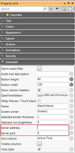 Section 15 Alarm Management Alarm Distributor The settings are done in the Property Grid under Extended. Property Server address Server port Description The IP address of the remote alarm server.