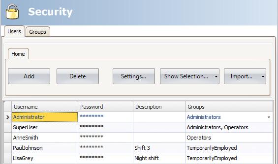 Users Section 16 Security Management Parameter Description dialog in runtime. Doing so and then clicking on the User field will present the user with a keyboard on which a user name can be entered.