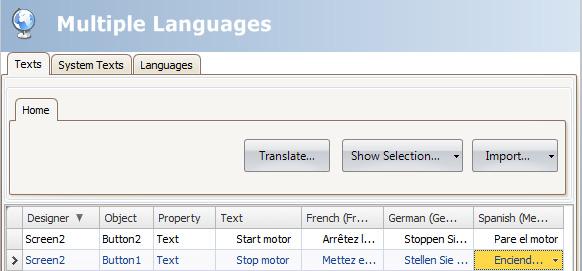 Section 17 Language Management Text ID User Texts Texts that have been added to objects by the developer are available from the Texts tab in the Multiple Languages configuration pages.