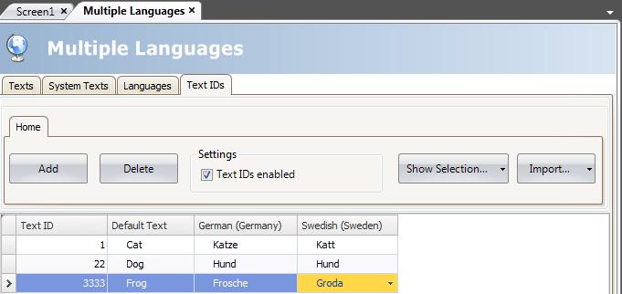 Text ID Section 17 Language Management The Text IDs tab consist of the following columns: Text ID, Default Text and one column for each language.