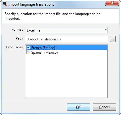 Section 17 Language Management Importing Languages Parameter Format Path Languages Import Strategy Description Select format of the file to import; text file or Excel file.