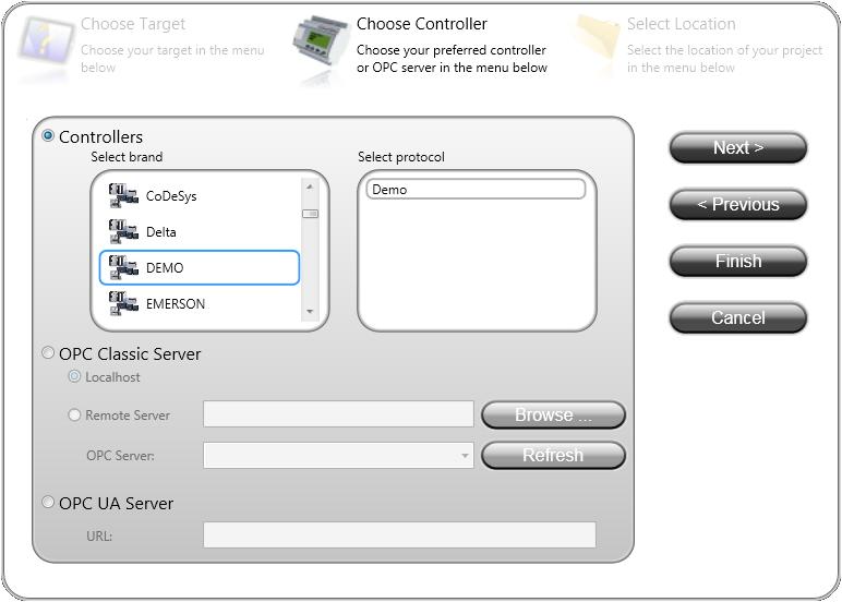 Starting Panel Builder Section 3 Development Environment The demo controller, including regular tags (data containers) and counters, is used to design and test a project directly on the engineering