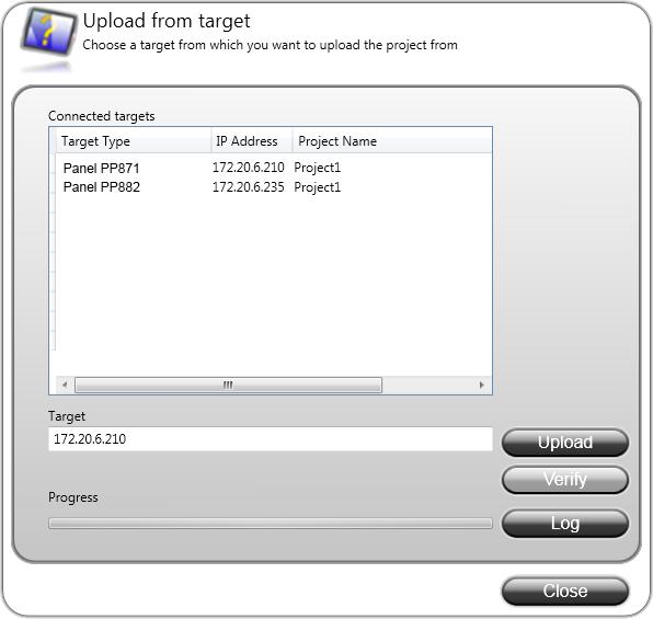 Starting Panel Builder Section 3 Development Environment Parameter Connected targets Upload Verify Log Description Choose the target type to transfer the project from.