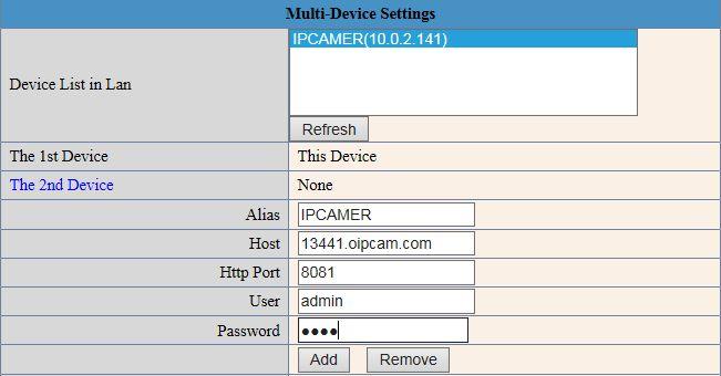 - Multi-Device Multi-device settings To add cameras in local network, just click Refresh > select camera s IP address > enter camera name (Alias), user name, password > add, submit To add a camera in