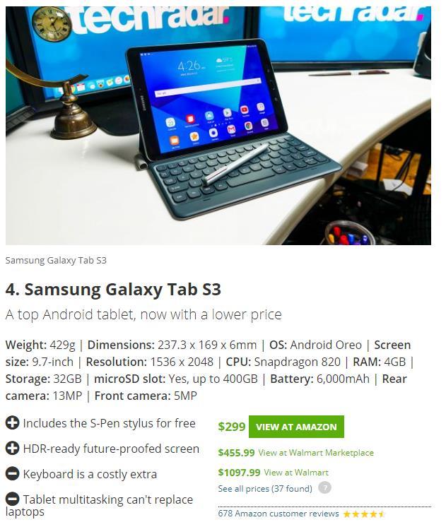 Tablets Galaxy Tab S3 Snapdragon 820 4GB RAM 32GB SSD 9.