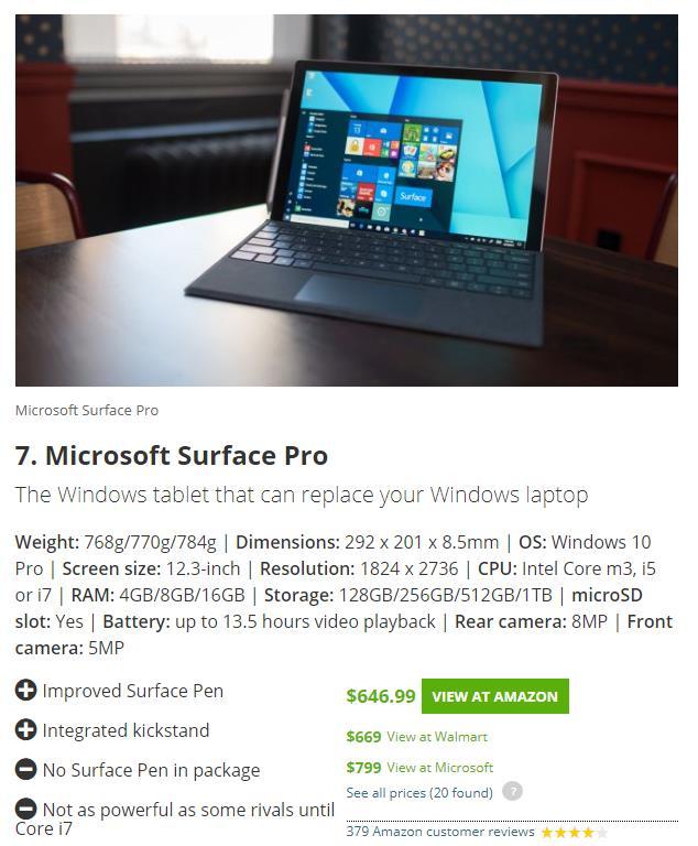 Tablets Microsoft Surface Pro Intel Core m3, i5 or i7 4-16GB RAM 128GB-1TB SSD 12.