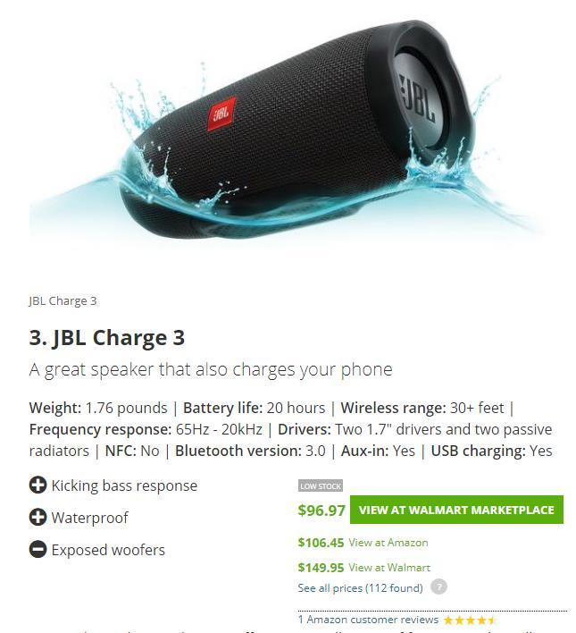 Bluetooth Speakers JBL Charge 3 Frequency 65-20,000 Hz Sensitivity N/A Battery life 20