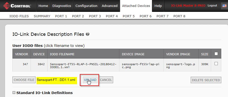 7.1.3. Uploading xml Files or Supporting Files You can use the following procedure to upload xml, or supporting image files. 1. Click Attached Devices and IODD FILES. 2. Click the UPLOAD FILE button.