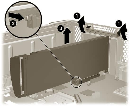 shown below. Release the card slot latch (2), and then carefully lift the card from the chassis (3). 9.