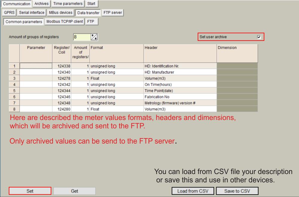 Once the registers are identified, on the Communication -> Data Transfer -> Common parameters tab, write all the registers as shown in the next figure and click on