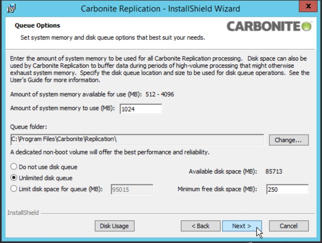 9. The installer will ask how much memory to allocate to the HC3 Move Powered by Carbonite agent as well as the desired parameters for a disk queue to buffer data during times of high volume