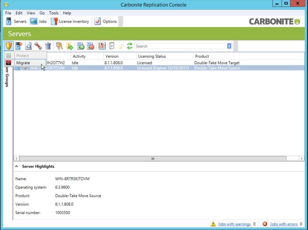 Setup and Configure a HC3 Move Powered by Carbonite Job Once a Source and Target server have been established an HC3 Move