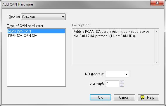 Figure 10: Selection of the hardware 3. Select the connected hardware and the operating mode from the list Type of CAN hardware, in this case PEAK ISA- CAN SJA. 4.