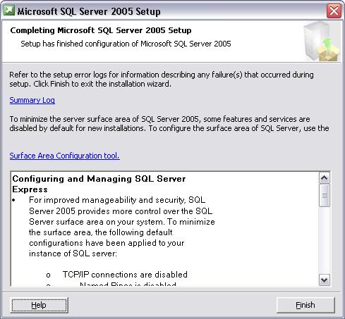In the Completing Microsoft SQL Server 2005 Setup