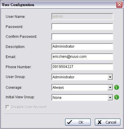 User Groups and Users 3. In the User Configuration window, enter a user name. 4. If password access is required for this user, enter and confirm a password. 5. Enter a description if needed. 6.