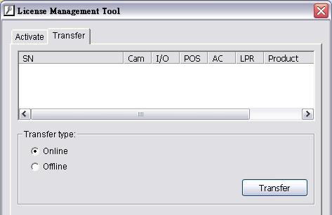Transfer tab SN status Transfer type Transfer Activate/Transfer License