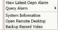 Query Alarm displays open alarms (alarms with New status), or alarms for any particular date, for the device System Information gives information about the server.