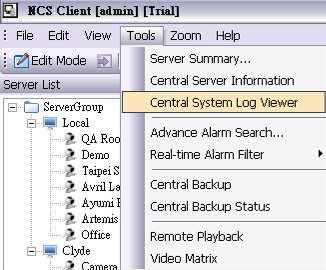 Log Viewer NUUO Central Management System Log Viewer The Central System Log Viewer can be accessed from the Tools menu.